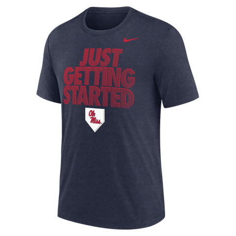 Men's Nike Heather Navy Ole Miss Rebels 2026 NCAA Baseball Men's College World Series Dugout Tri-Blend T-Shirt
