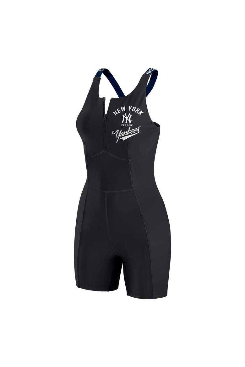 Women's WEAR by Erin Andrews  Black New York Yankees Bodycon Quarter-Zip Romper, Alternate, color, Black