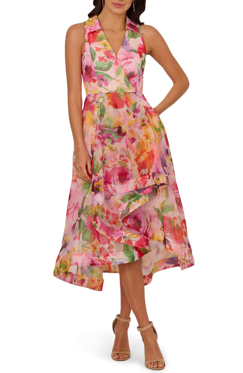Adrianna Papell Floral High-Low Fit & Flare Dress, Main, color, Pink Multi
