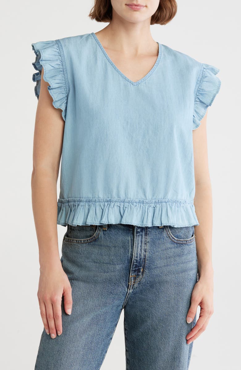 Melrose and Market Ruffle Sleeve V-Neck Top, Main, color, Medium Wash