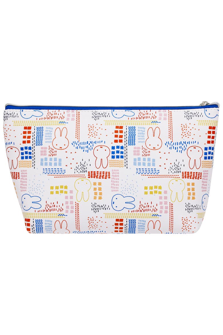Allover Print Trapezoid Cosmetic Bag with Pom-Pom Charm, Alternate, color, Blue/White