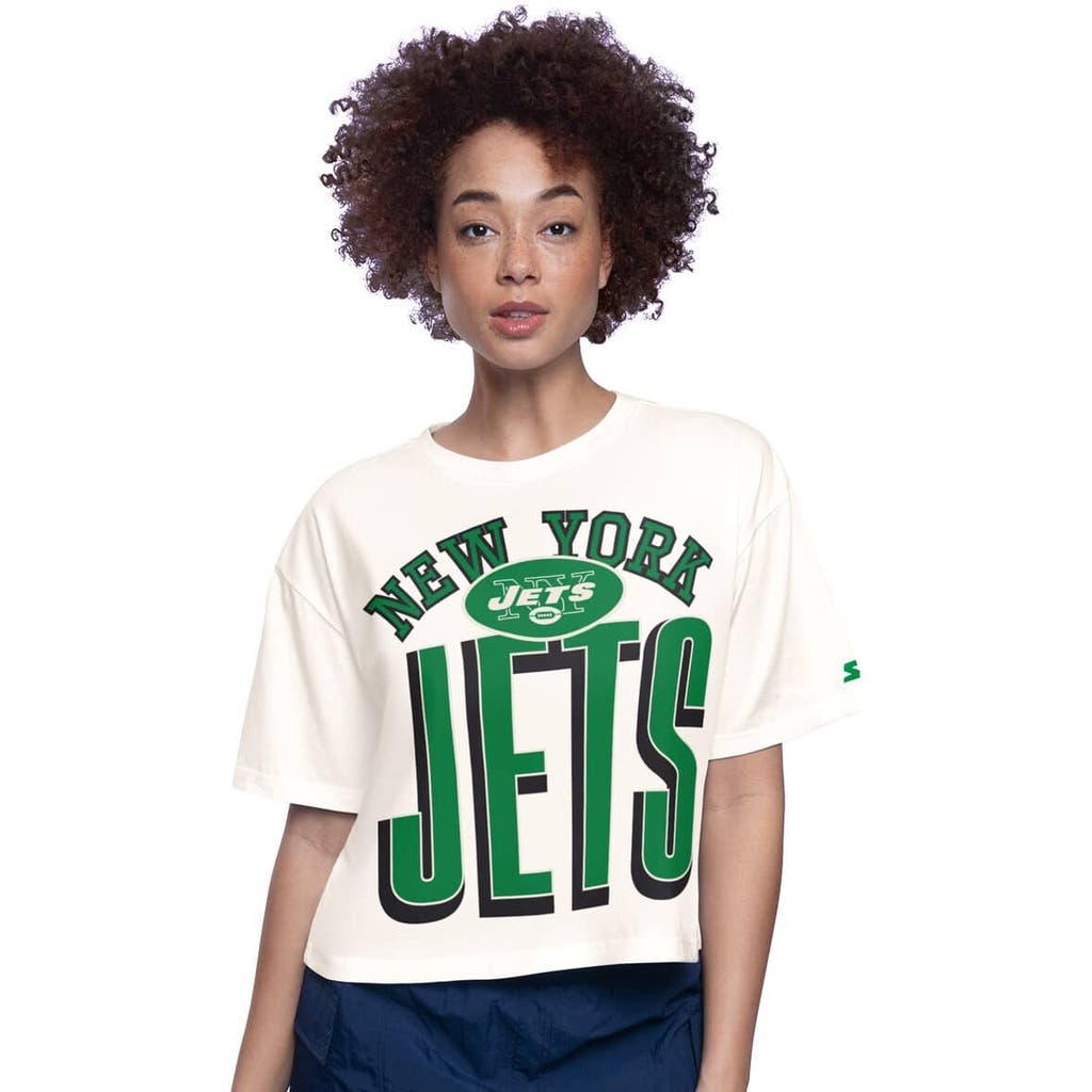 Starter White New York Jets Throwback Play The Ball Boxy Cropped T-shirt In Blue