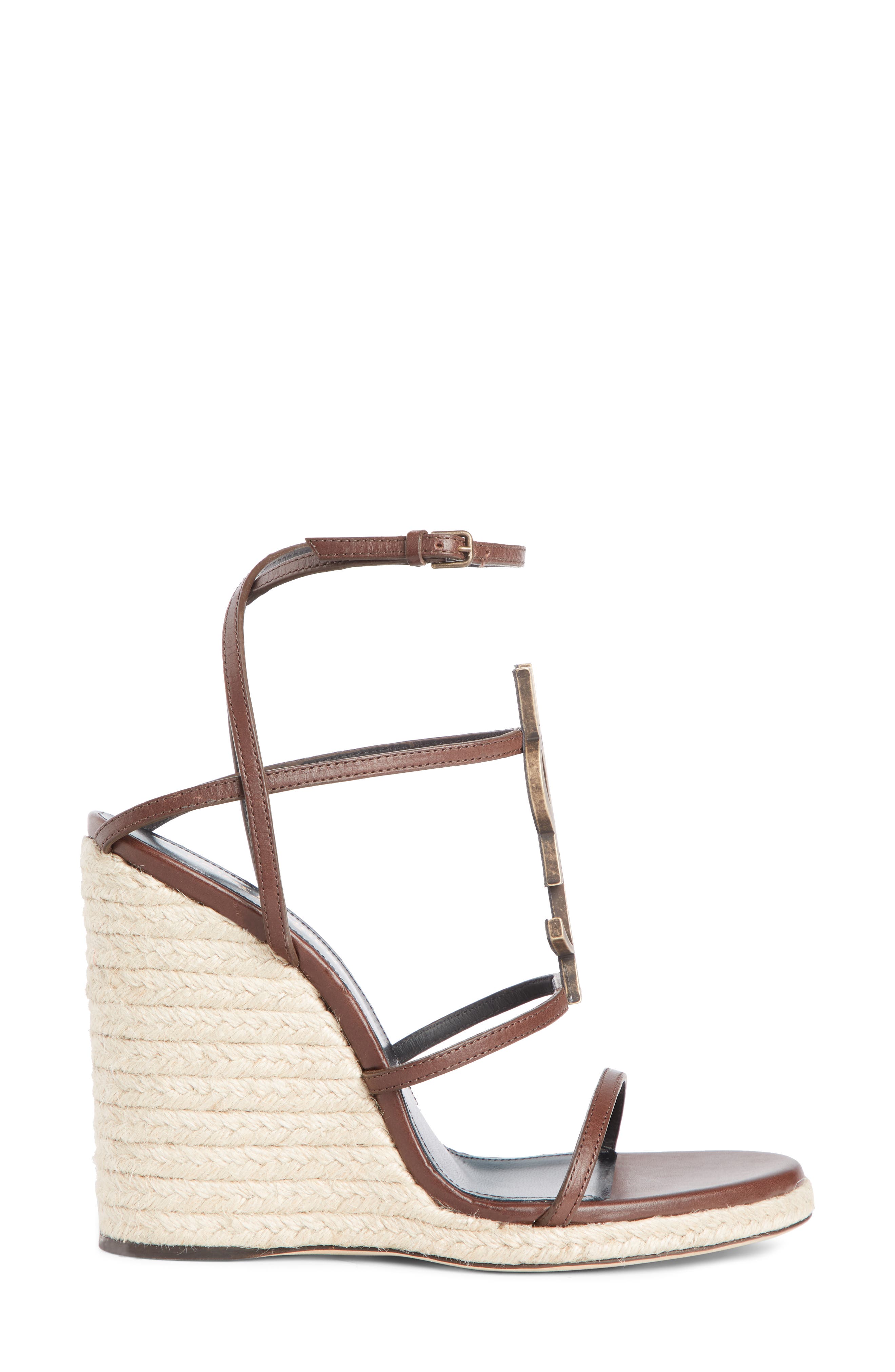 Cassandra YSL Logo Wedge Sandal, Alternate, color, DARK CHOCOLATE