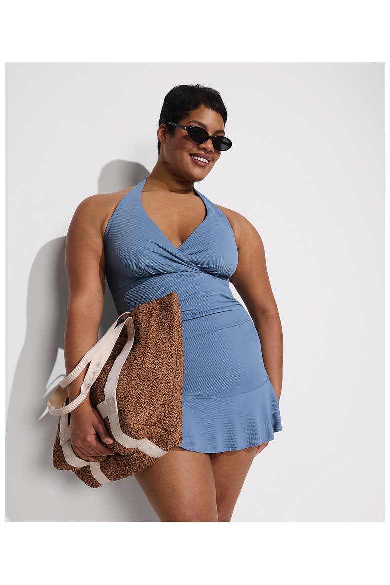 Plus Size Pique Halter Ruffle Hem Mini Swim Dress Swimsuit, Alternate, color, Dusk Sky