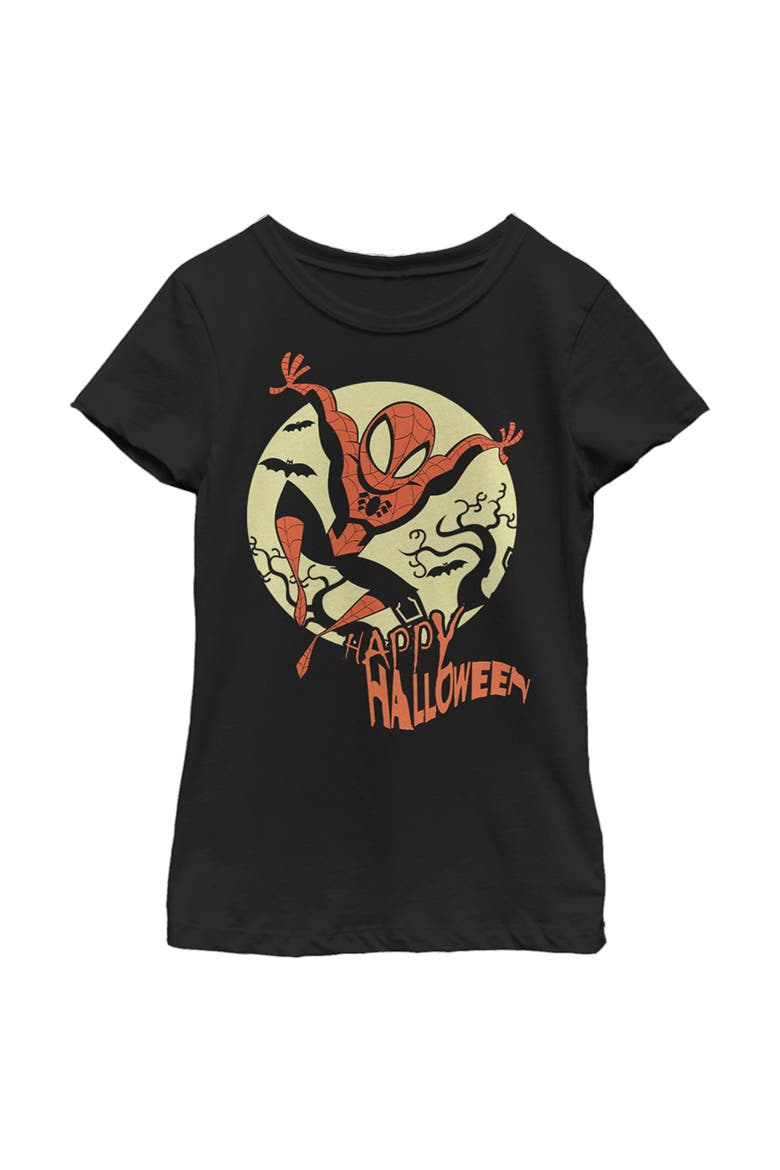 Girl's Marvel Spider-Man Happy Halloween  Graphic T-Shirt, Main, color, Black