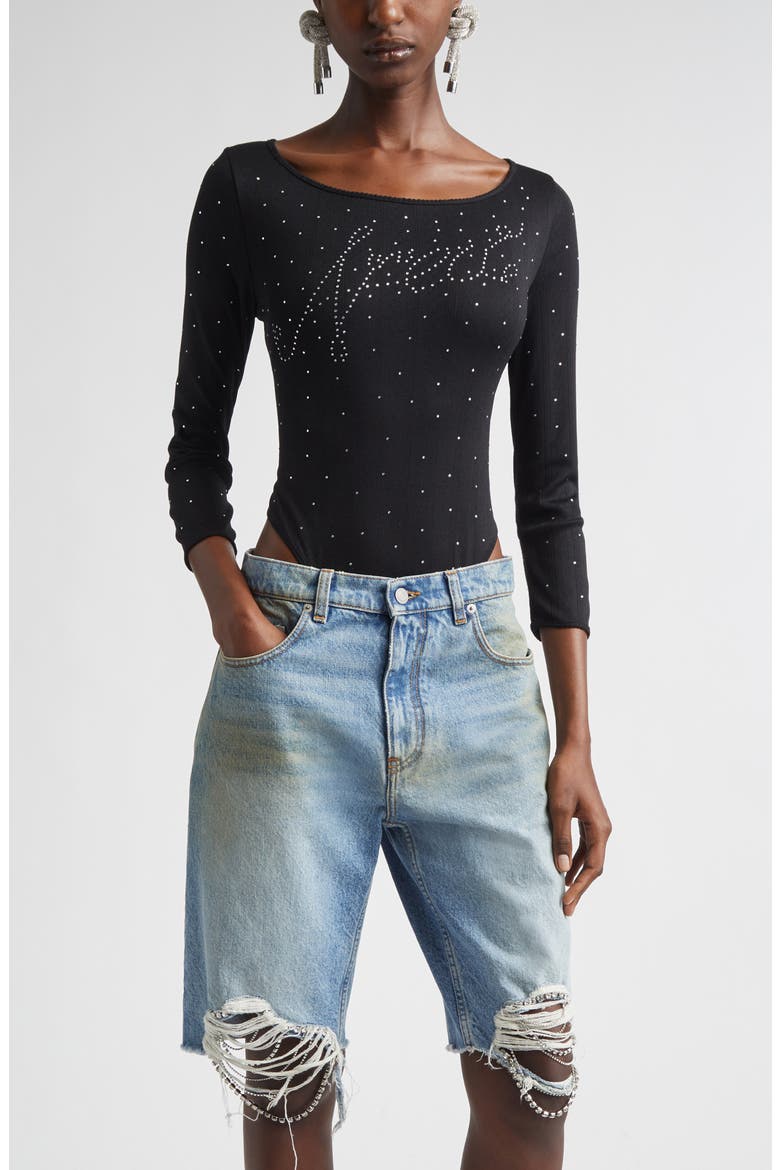 Ballerina Crystal Embellished Logo Pointelle Bodysuit, Main, color, BLACK