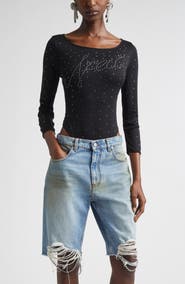 Area Ballerina Crystal Embellished Logo Pointelle Bodysuit