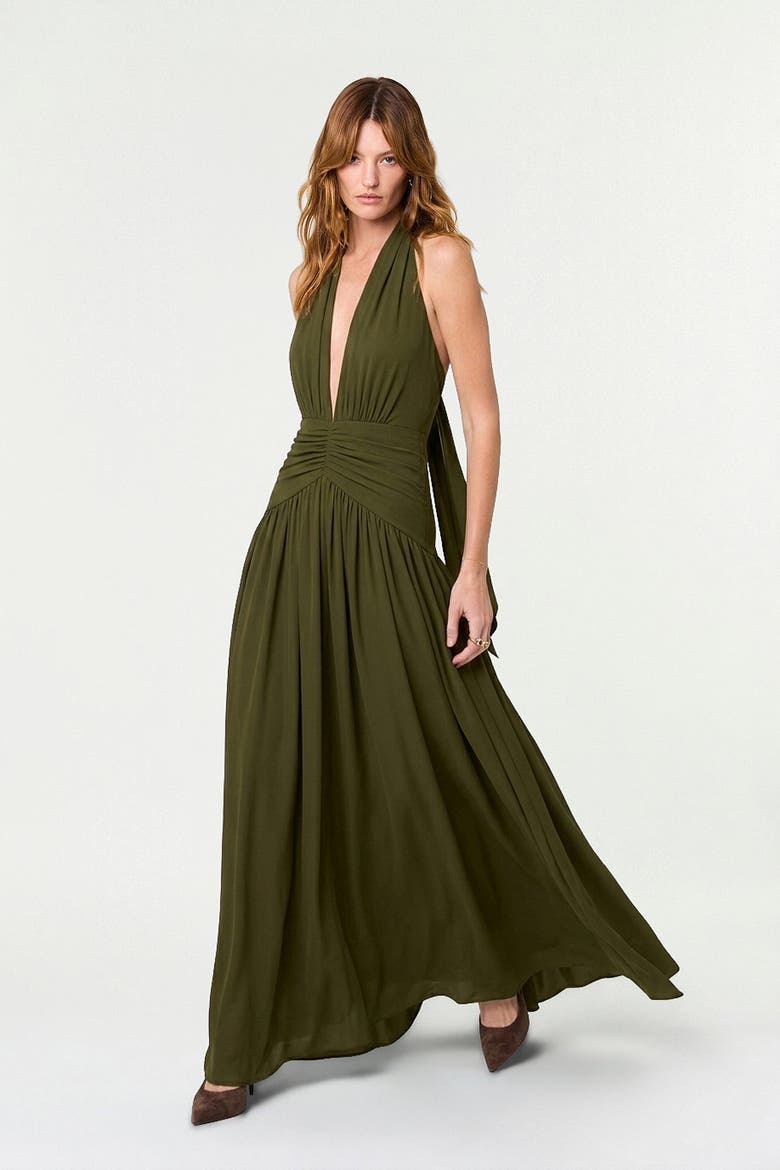 Arella Deep Plunge Halter Maxi Dress, Main, color, Olive