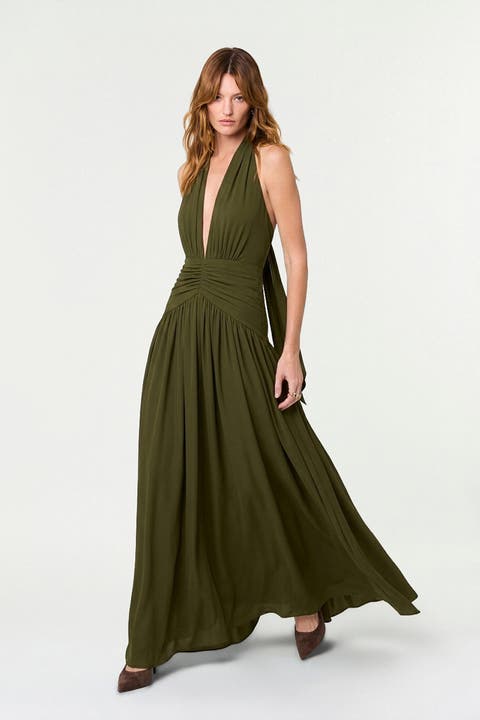 Arella Deep Plunge Halter Maxi Dress