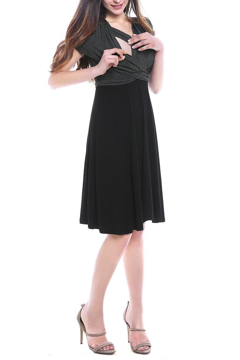 Sarah Faux Wrap Maternity/Nursing Dress, Alternate, color, BLACK/ GREY