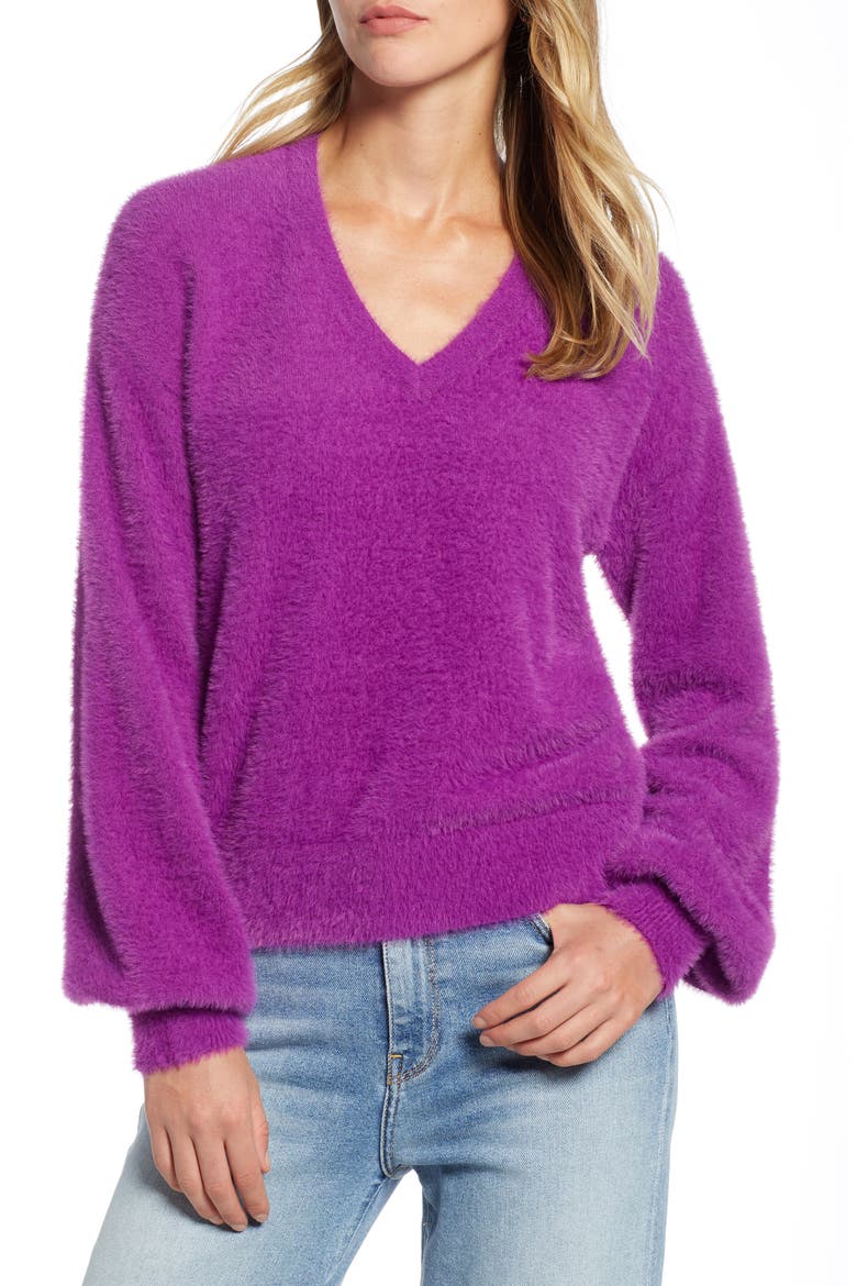 Fuzzy V-Neck Sweater, Main, color, PURPLE SPARKLE