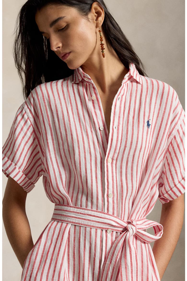 Stripe Short Sleeve Linen Shirtdress, Alternate, color, RED/ WHITE