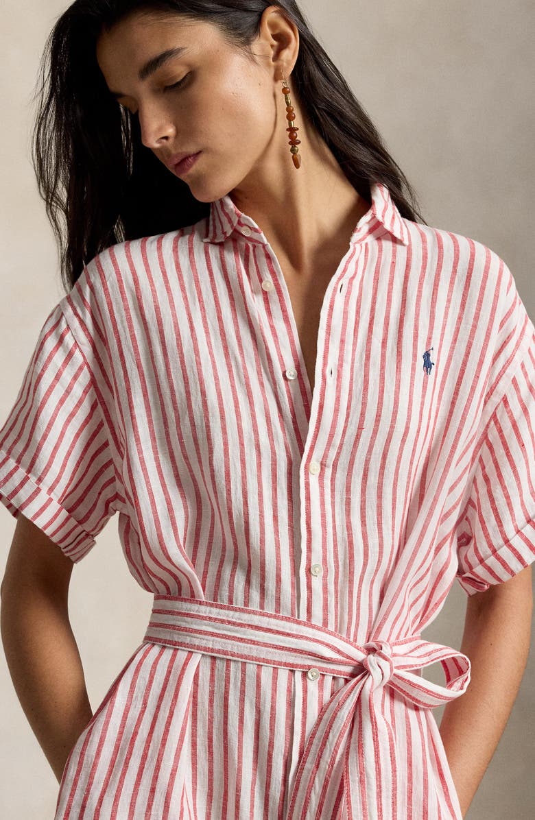 Polo Ralph Lauren Stripe Short Sleeve Linen Shirtdress, Alternate, color, Red/ White