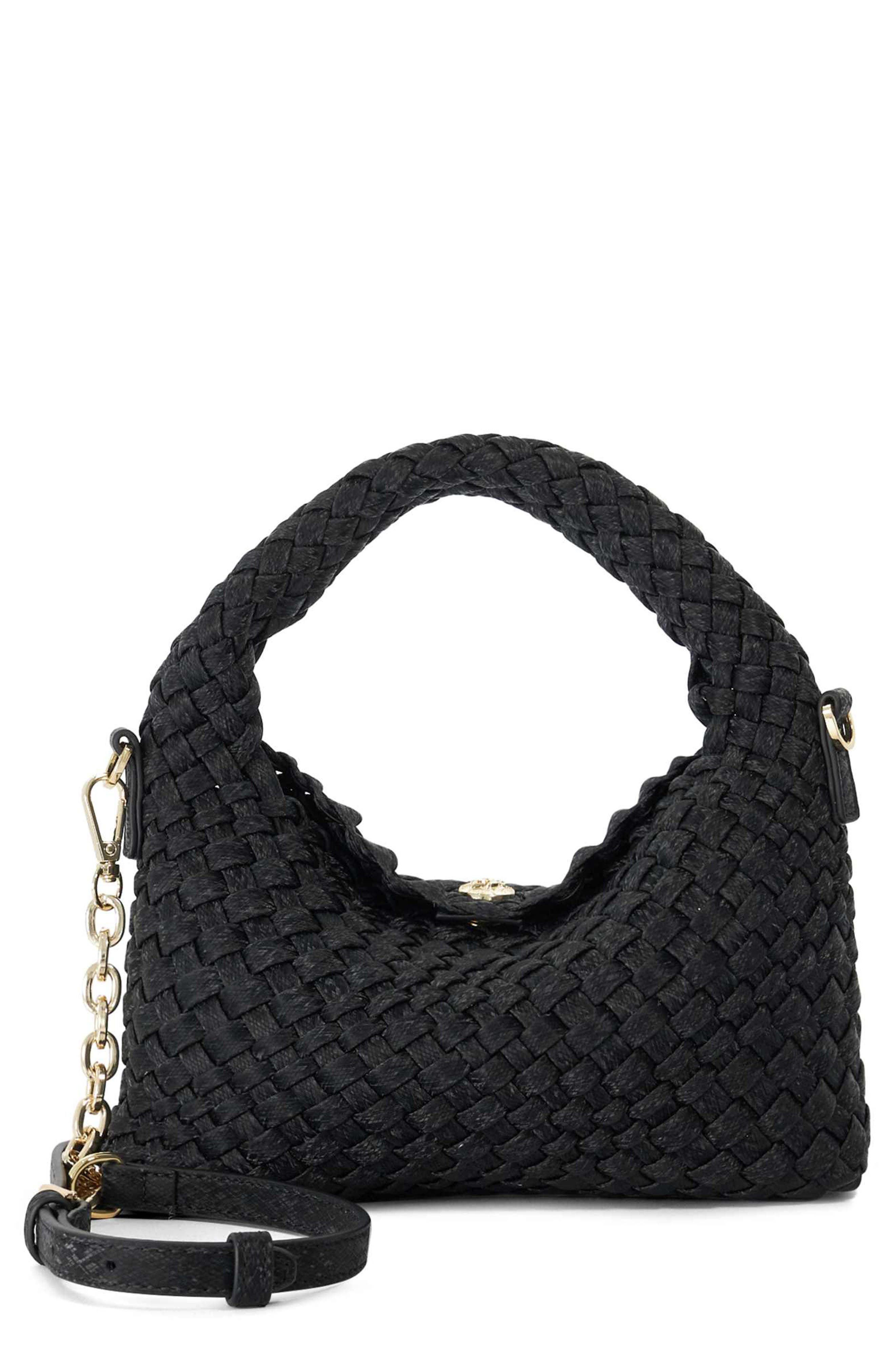Dinkydeliberate Woven Faux Leather Mini Crossbody Bag, Main, color, BLACK