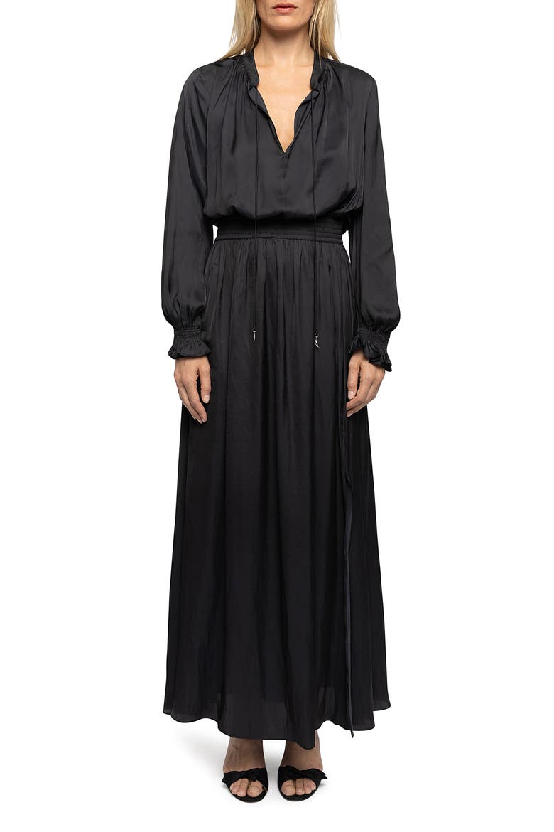 Rayado Satin Maxi Dress, Main, color, BLACK