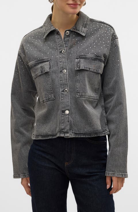 Ellas Studded Crop Denim Shirt Jacket