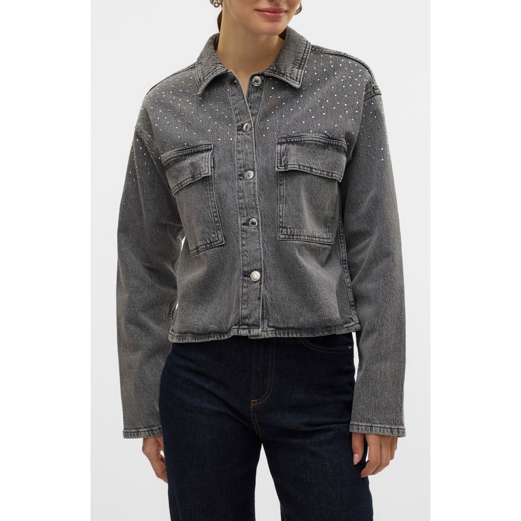 Vero Moda Ellas Studded Crop Denim Shirt Jacket In Light Grey Denim Det