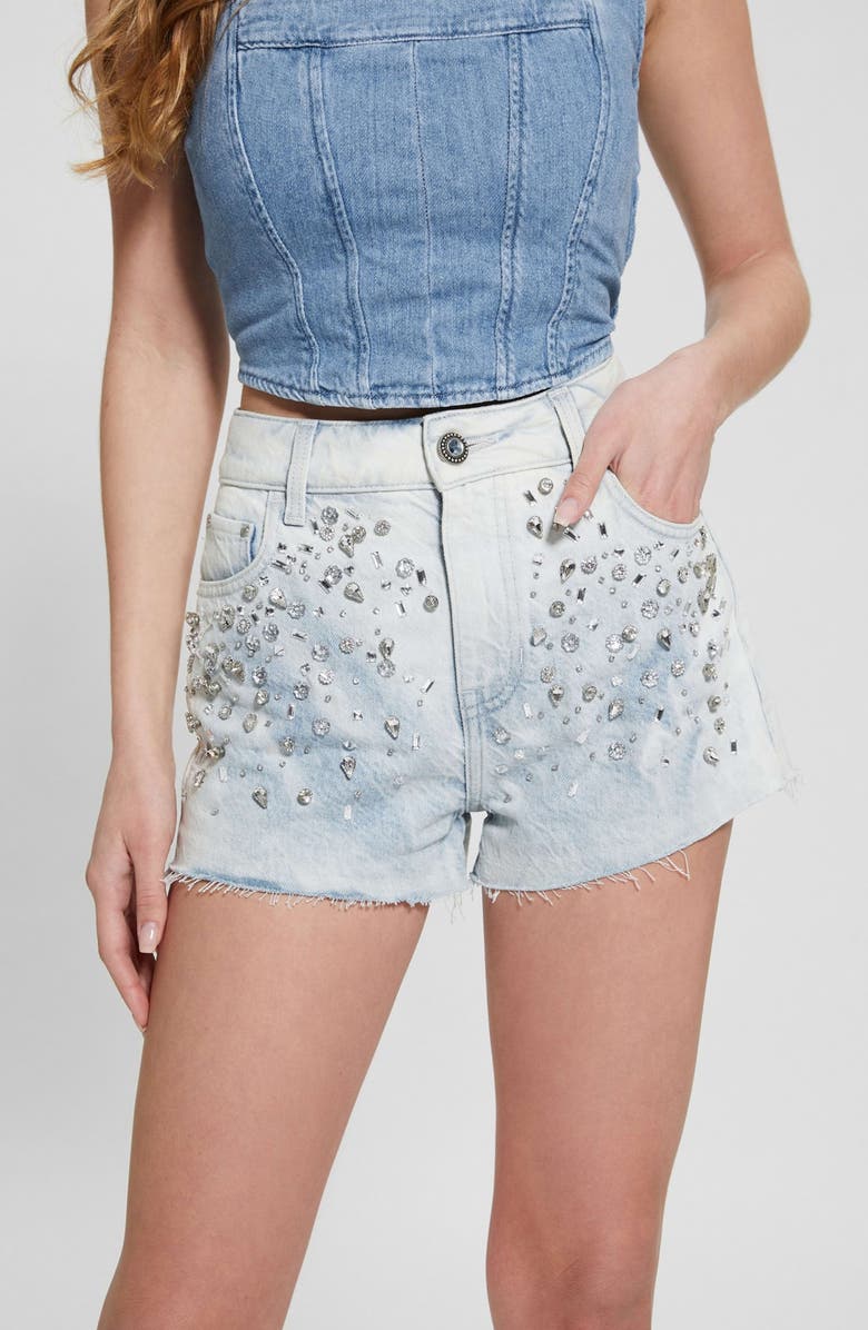 GUESS Rhinestone Cutoff Denim Mom Shorts, Alternate, color, 