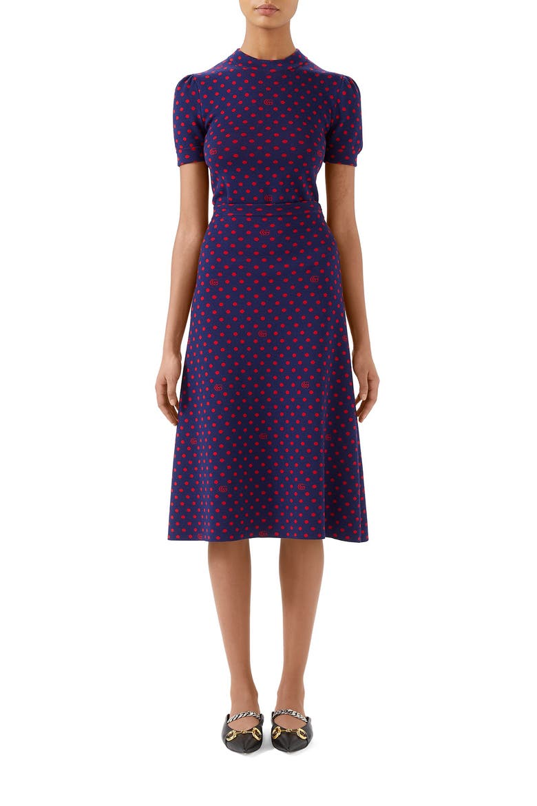 Polka Dot & Double G Logo Puff Sleeve Wool Blend Sweater, Alternate, color, BLUE/ ORANGE