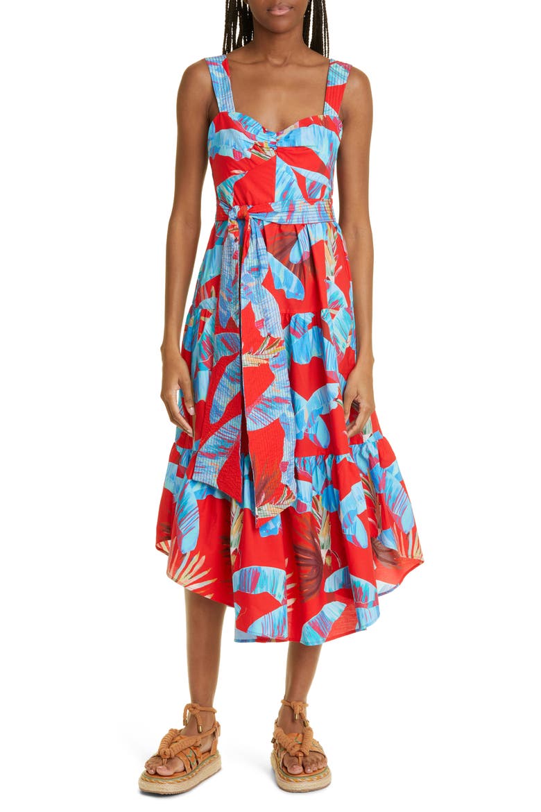 Sweet Jungle Frond Print Tiered Cotton Sundress, Main, color, SWEET JUNGLE RED