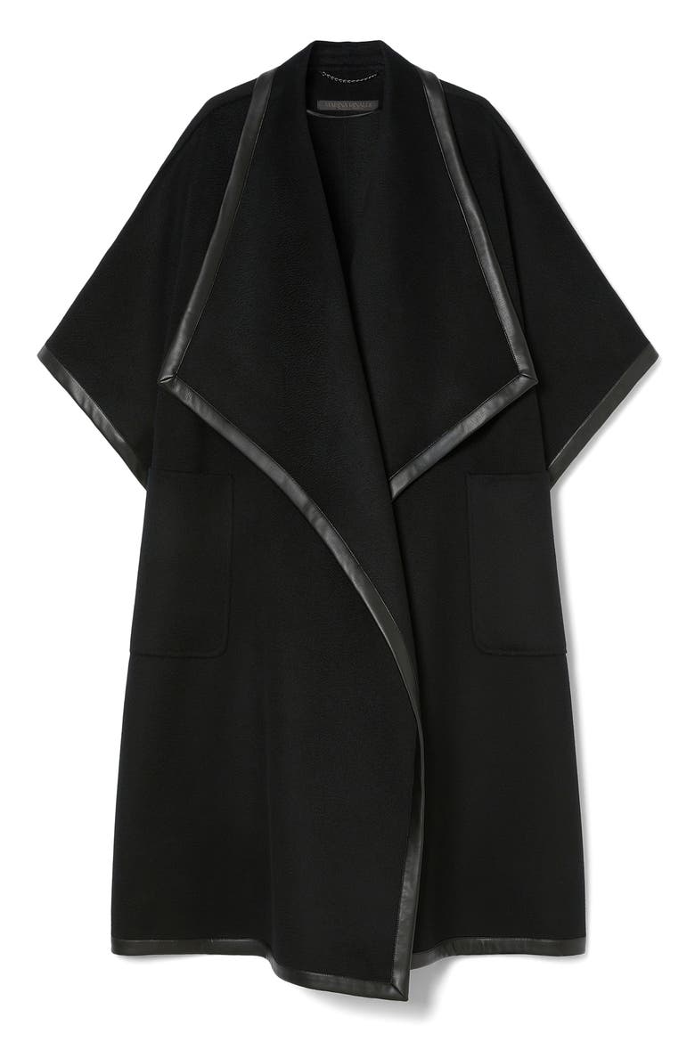 Ortica Faux Leather & Virgin Wool Poncho, Alternate, color, BLACK