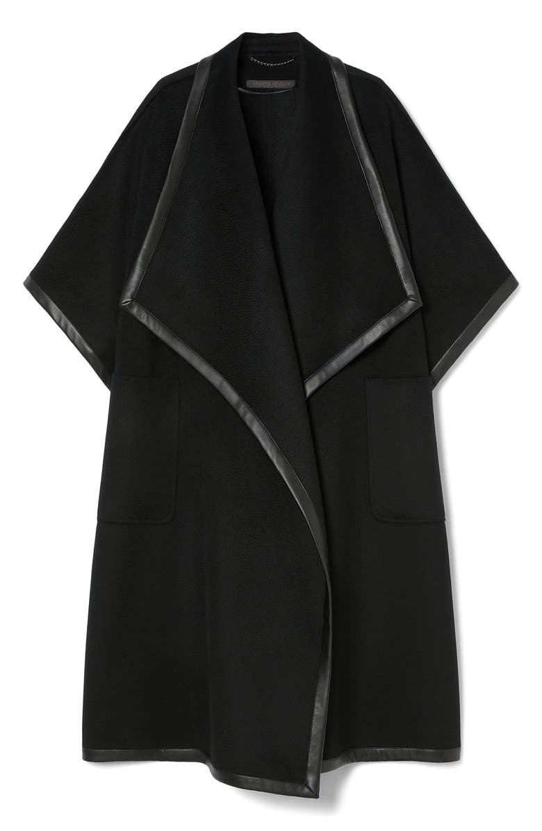 Marina Rinaldi Ortica Faux Leather & Virgin Wool Poncho, Alternate, color, Black