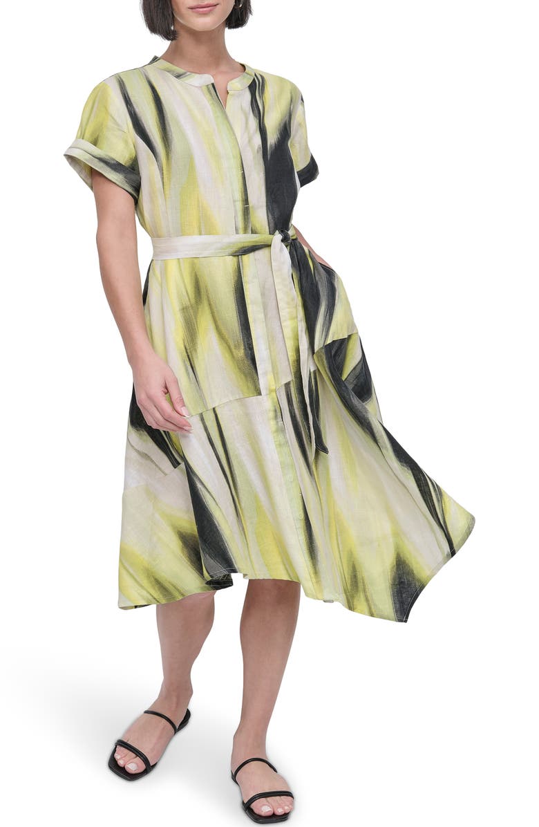 DKNY Print Tie Waist Linen Midi Dress, Main, color, Linen Mult