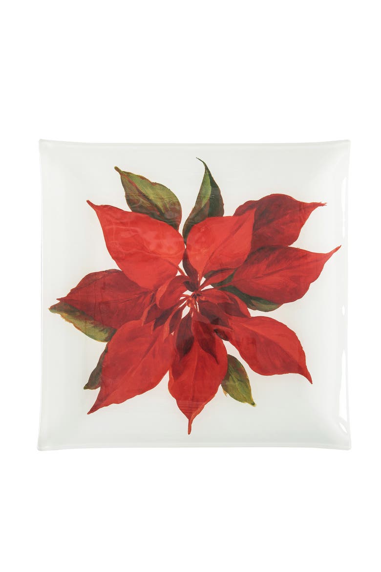 Poinsettia Christmas Slump Glass Decorative Platter, Main, color, Red