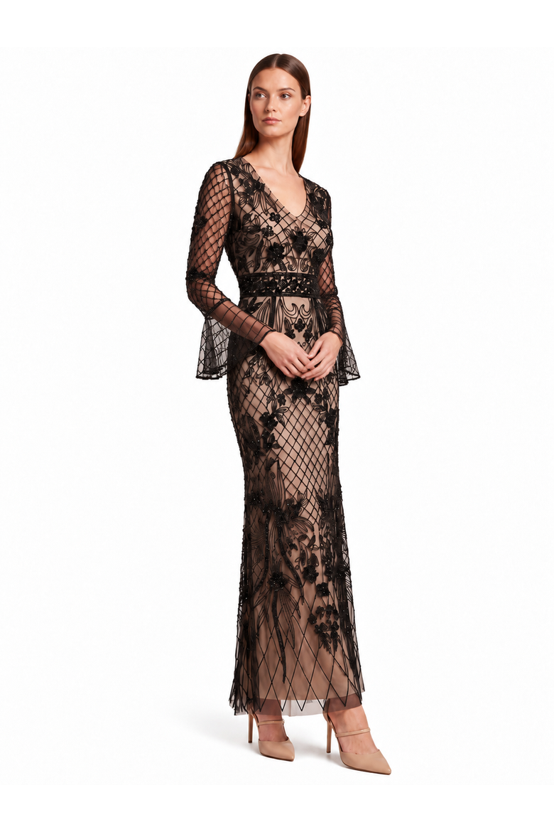 Bell Sleeve Beaded Gown, Alternate, color, Black/Nude