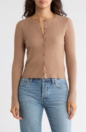 Leith Fitted Button Front Cardigan In Brown
