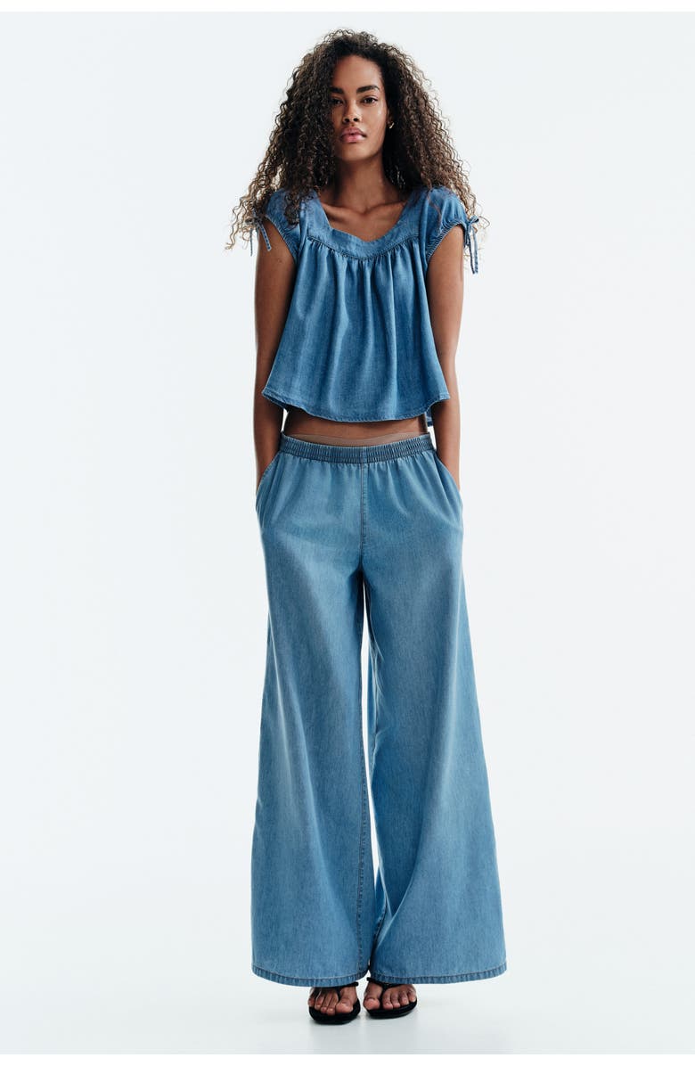 H&M Puff-sleeved Denim Blouse, Alternate, color, Denim Blue