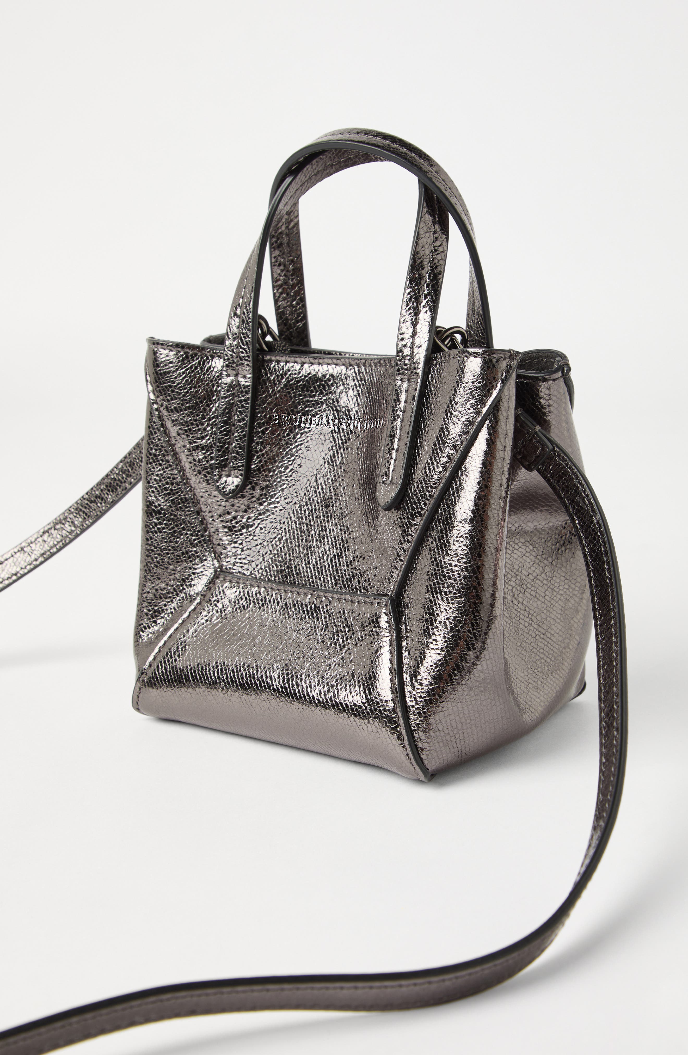 Brunello Cucinelli Lamé calfskin BC Duo mini bag, Alternate, color, Silver
