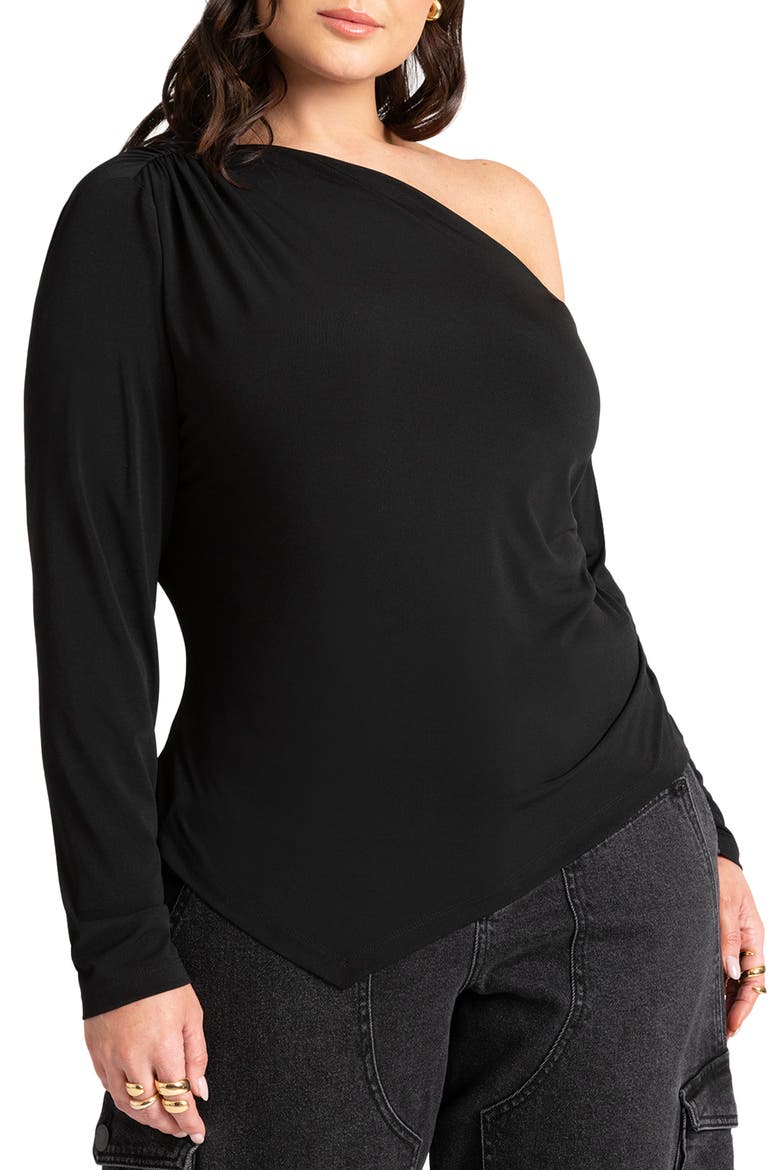 Ruched One-Shoulder Long Sleeve Knit Top, Main, color, BLACK ONYX