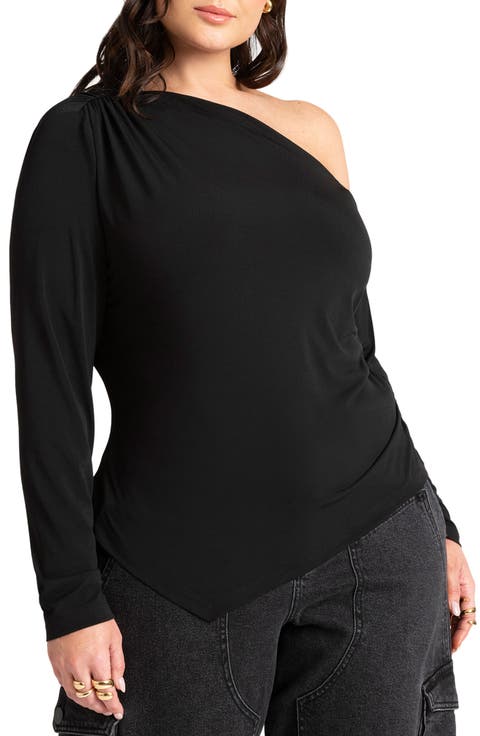 Ruched One-Shoulder Long Sleeve Knit Top