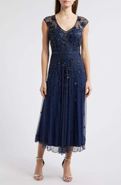 Pisarro Nights Beaded Sleeveless Chiffon Evening Dress In Navy