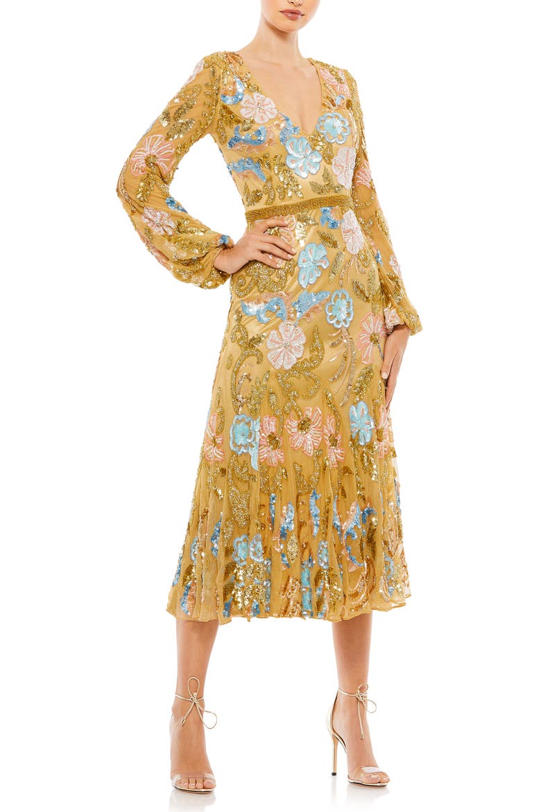 Floral Sequin Long Sleeve A-Line Cocktail Dress, Main, color, NUDE MULTI