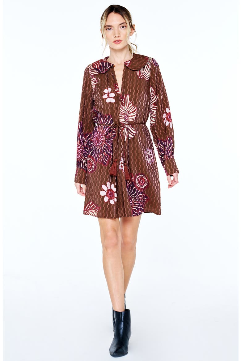 Willow Print Tie Waist Long Sleeve Dress, Alternate, color, BROWN MULTI