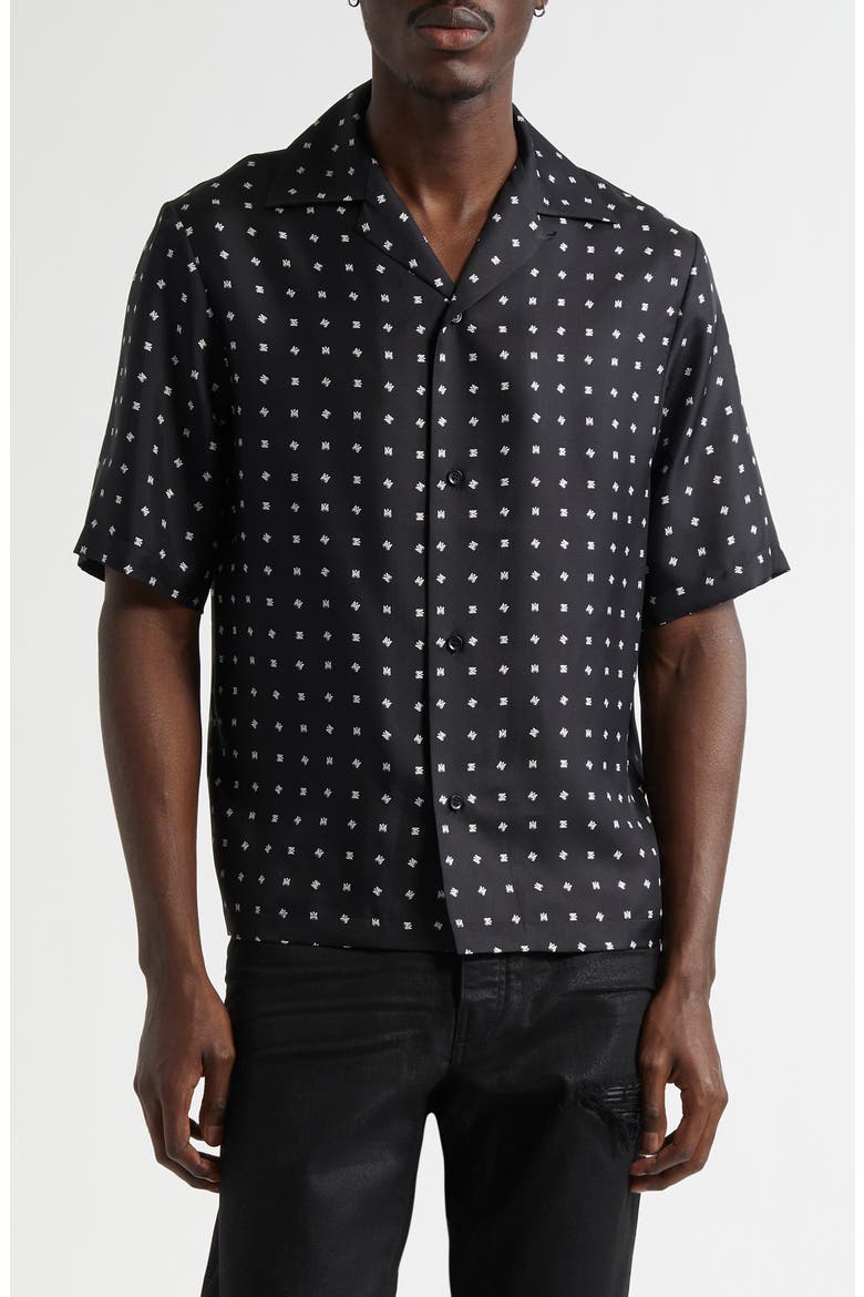 Mix & Match Monogram Logo Print Silk Camp Shirt, Main, color, BLACK