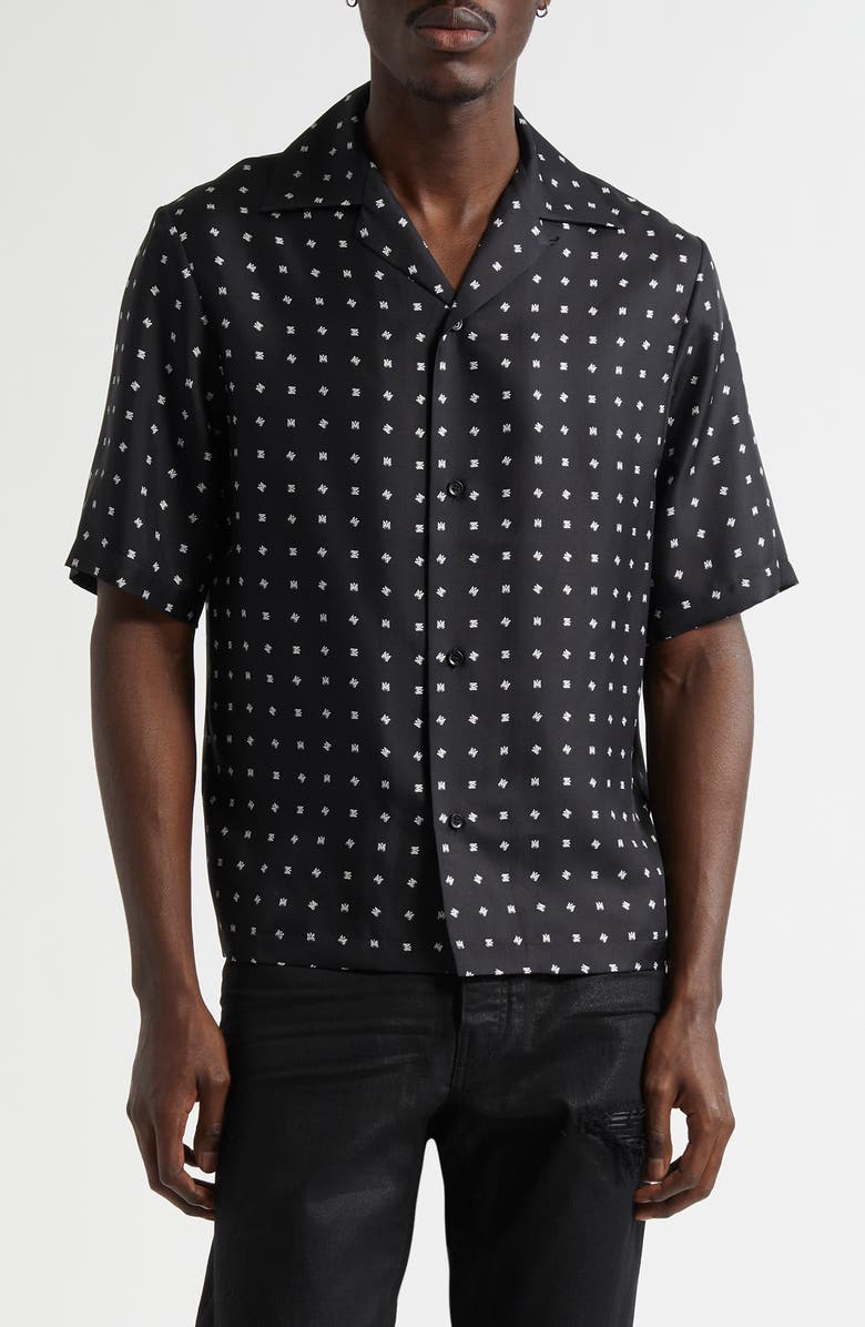 AMIRI Mix & Match Monogram Logo Print Silk Camp Shirt, Main, color, Black