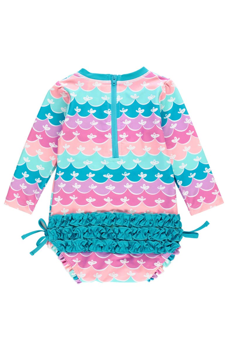 RuffleButts Baby Girls Long Sleeve UPF50+ One Piece Rash Guard, Alternate, color, Mermaid