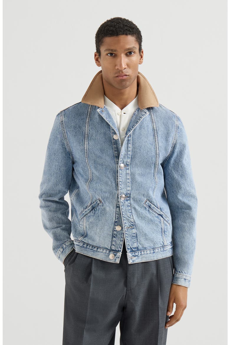 Denim outerwear jacket with suede collar, Main, color, Light Denim