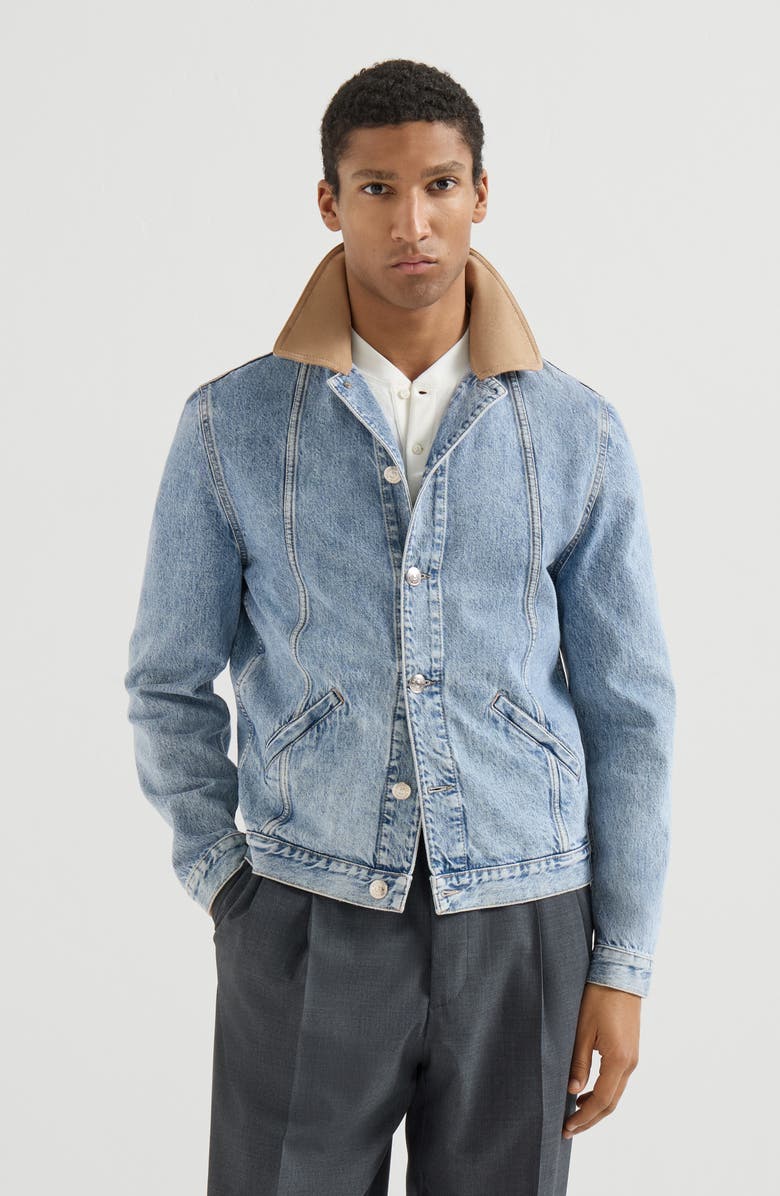 Brunello Cucinelli Denim outerwear jacket with suede collar, Alternate, color, Light Denim