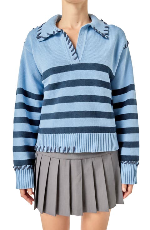 Whipstitch Striped Polo Sweater