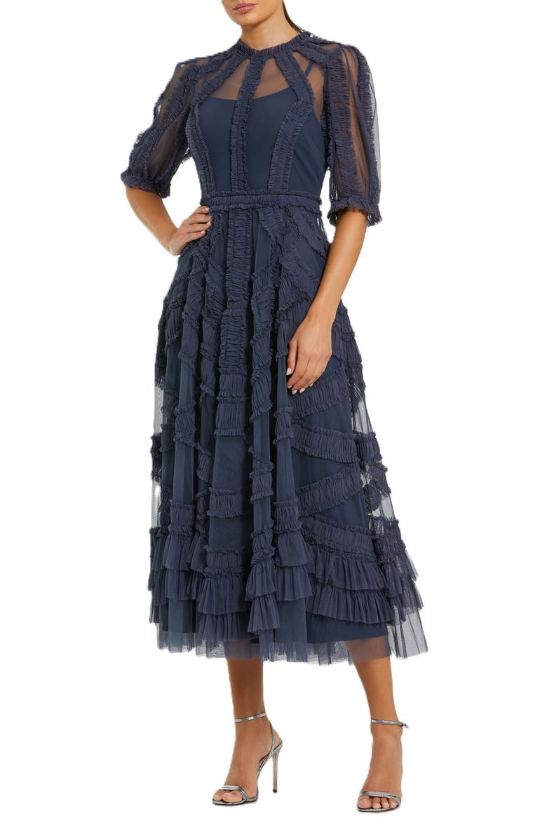 Mac Duggal High Neck Puff Sleeve Ruffle Tiered Dress