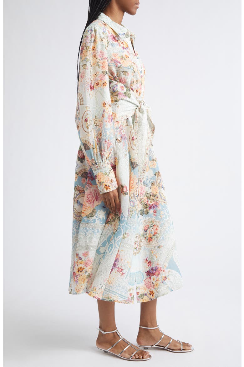 Floral Long Sleeve Waist Tie Linen Shirtdress, Alternate, color, A TASTE FOR LACE