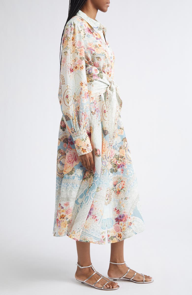Camilla Floral Long Sleeve Waist Tie Linen Shirtdress, Alternate, color, A Taste For Lace