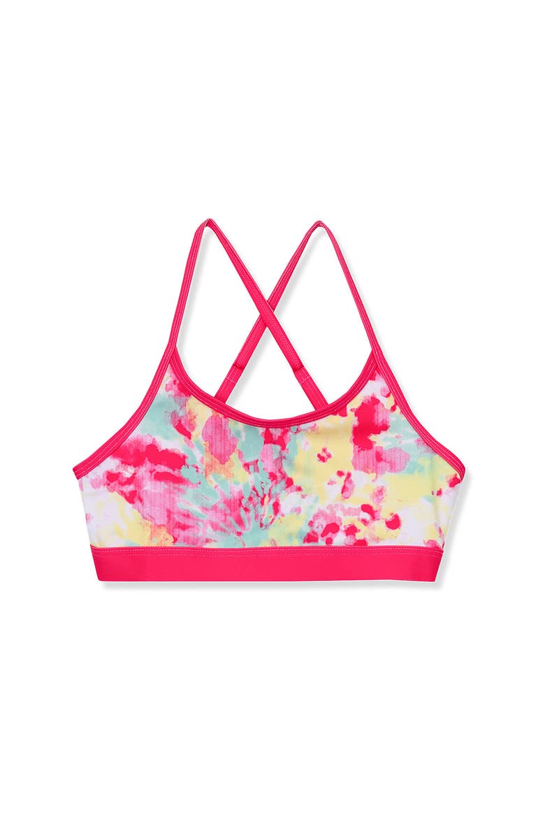 Lands' End Girls Chlorine Resistant Criss Cross Bikini Top, Main, color, Bright Pink Aqua Splatter
