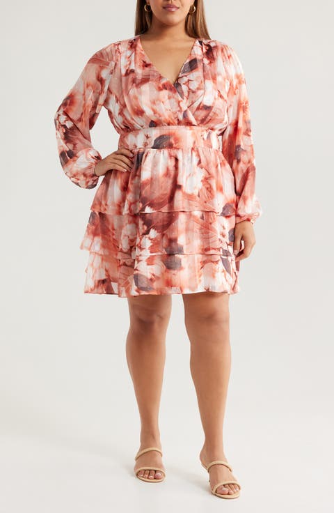 Floral Clip Dot Long Sleeve Minidress (Plus)