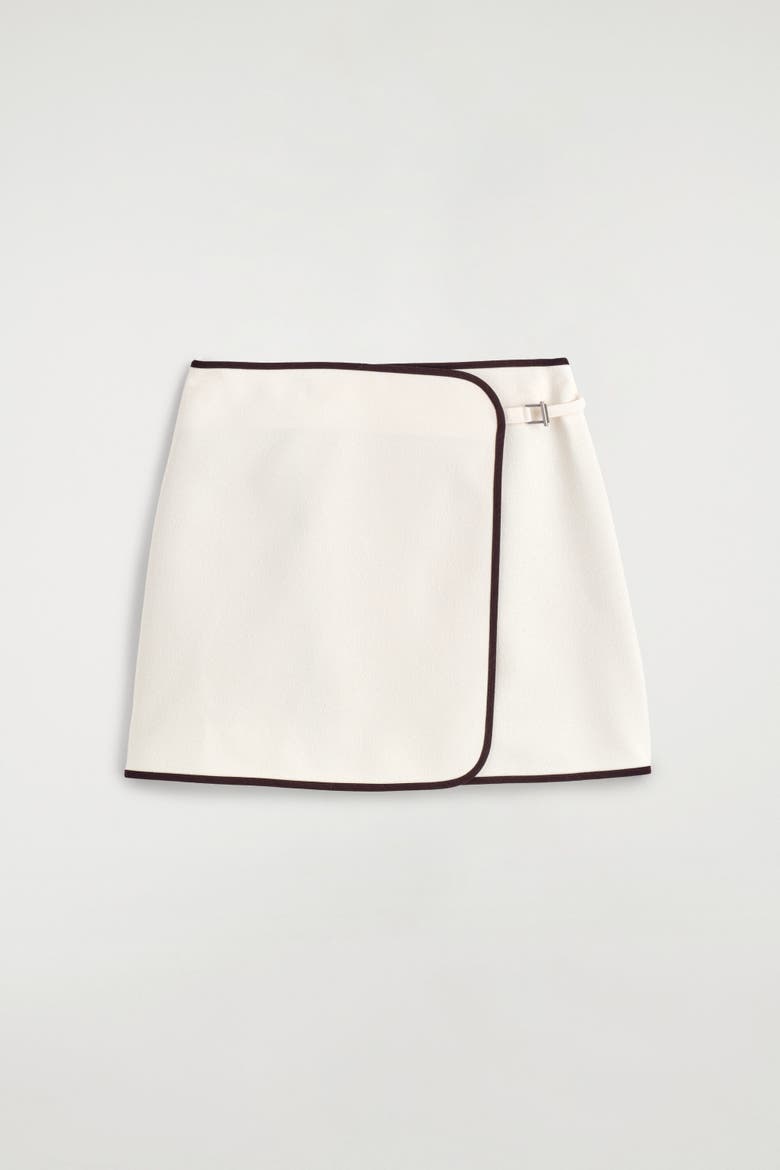 Contrast-trimmed Mini Wrap Skirt, Alternate, color, WHITE / BROWN