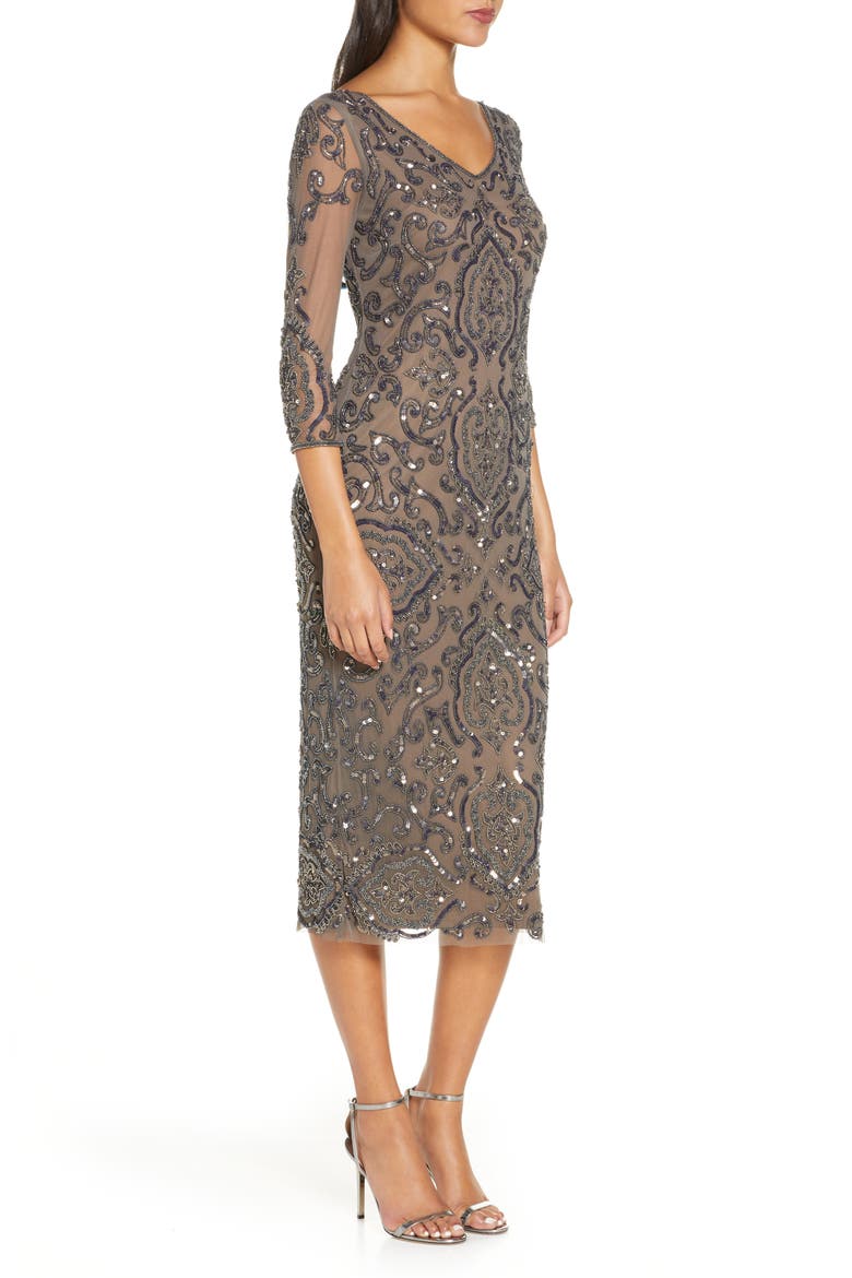 Sequin & Beaded Cocktail Sheath Dress, Alternate, color, MOCHA